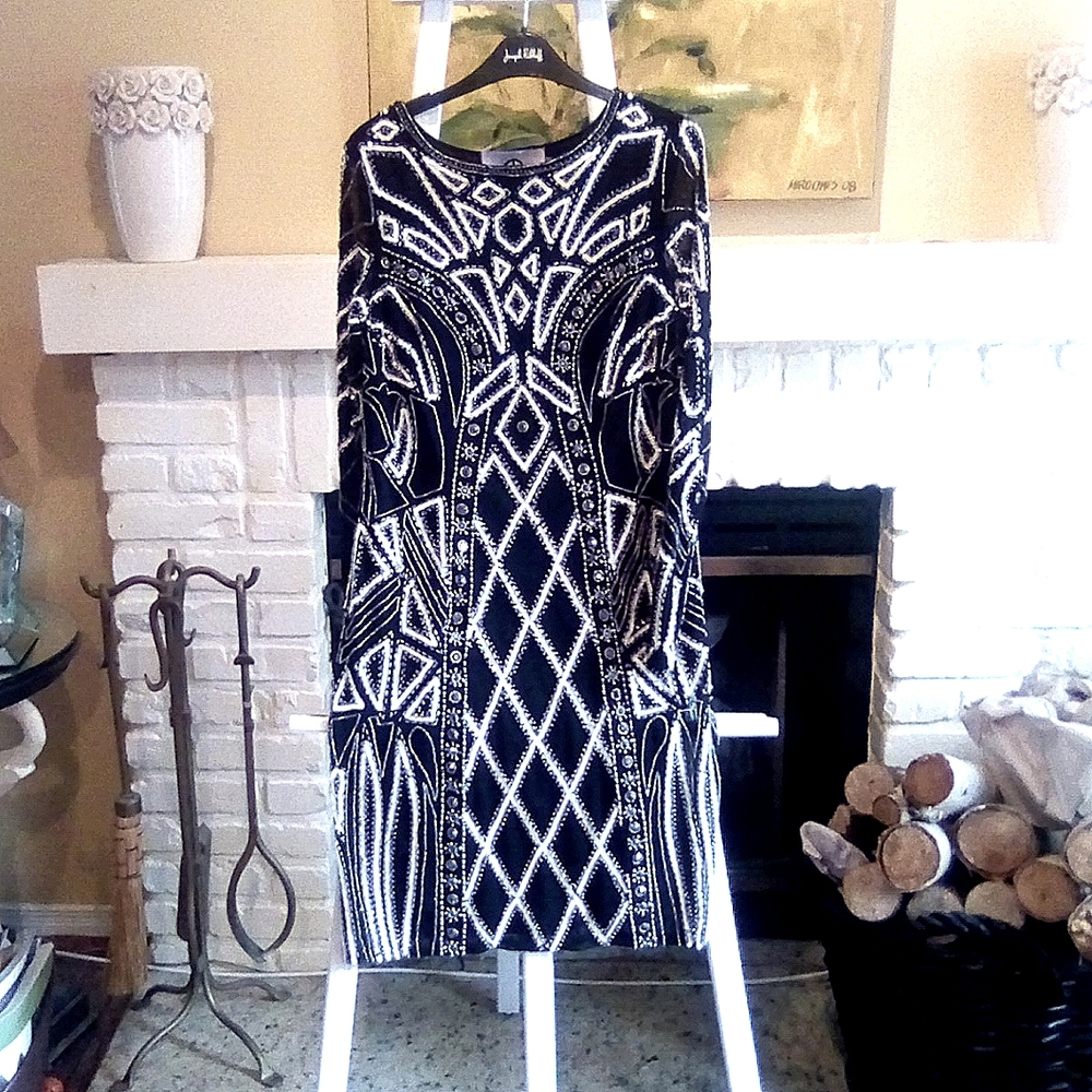 JS Collections knee length evening dress Size 8, sequins, beads and crystals.